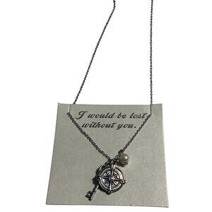 Compass Necklace‎ With Key & Pearl Charms Sentimental Message Sliver Tone Womens